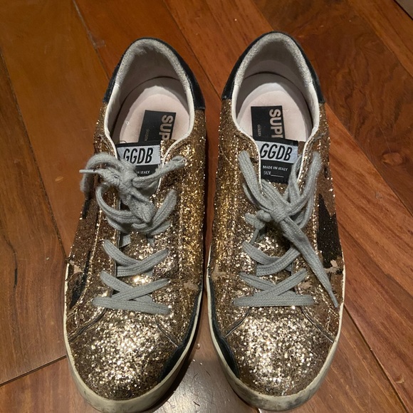 Golden Goose Gold Glitter Sneakers with Gray Laces - Picture 1 of 8